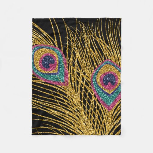 Faux Glitter Gold Peacock Feathers Fleece Blanket