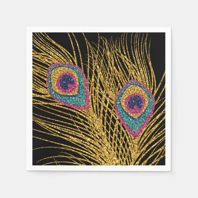 Faux Glitter Gold Peacock Feathers Napkins (Front)