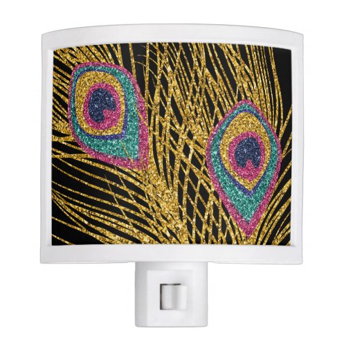 Faux Glitter Gold Peacock Feathers Night Light