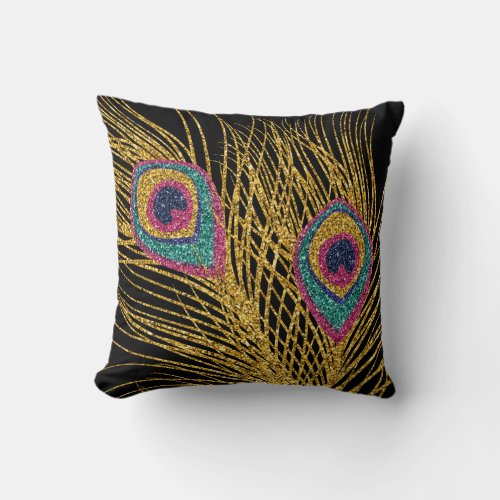 Faux Glitter Gold Peacock Feathers Throw Pillow
