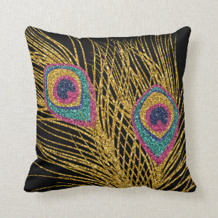 Faux Glitter Gold Peacock Feathers Throw Pillow