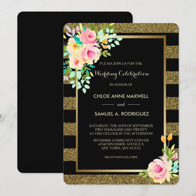Faux Glitter Gold Stripe Roses Wedding Invitation (Front/Back)