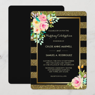 Faux Glitter Gold Stripe Roses Wedding Invitation