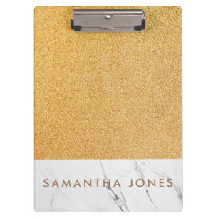 Faux Glitter Gold White Marble Personalized Clipboard