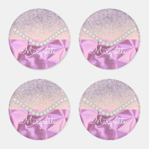  Faux Glitter Gradient Pink Pearls Brushed Metal Coaster Set