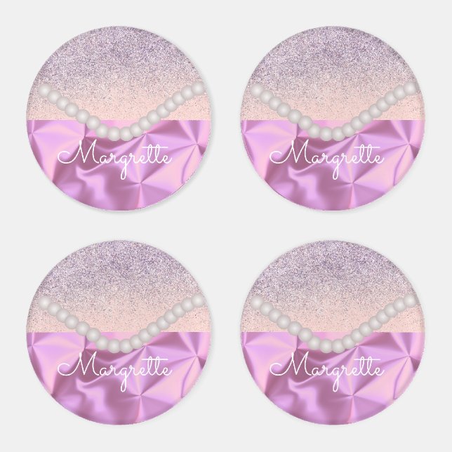  Faux Glitter Gradient Pink Pearls Brushed Metal Coaster Set (Set)