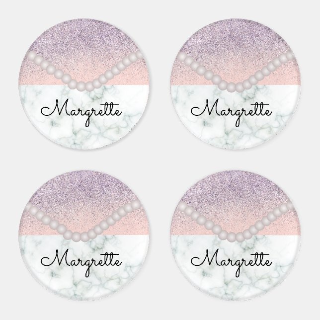  Faux Glitter Gradient Pink Pearls Marble Coaster Set (Set)
