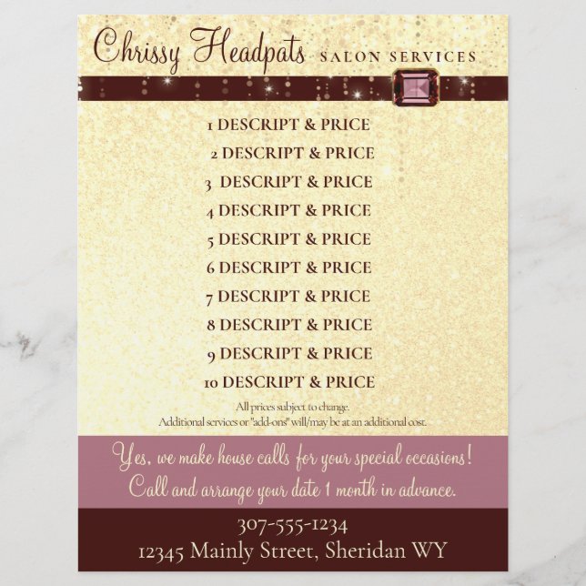 Faux glitter jewel hair stylist salon price list letterhead (Front)