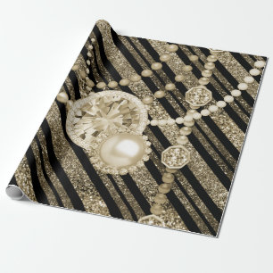 Faux Glitter & Jewels Gold & Black Tones Wrapping Paper