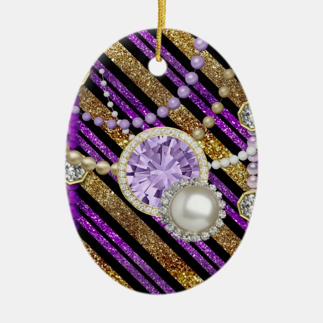 Faux Glitter & Jewels Purple & Gold Tones Ceramic Ornament (Front)