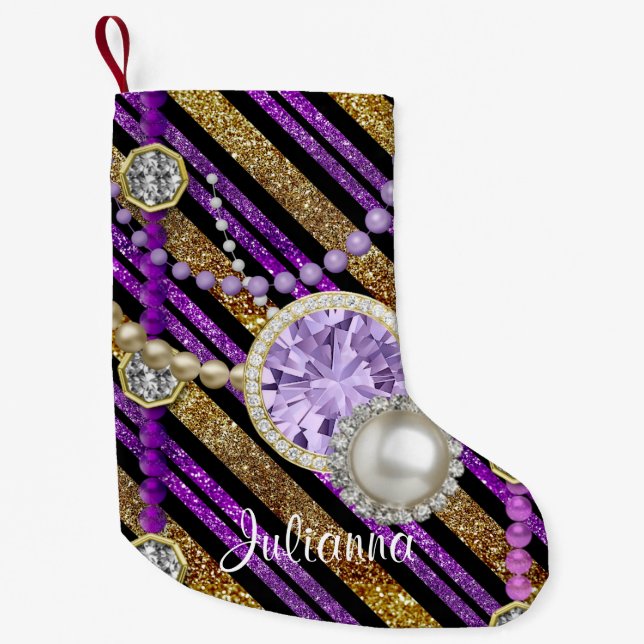 Faux Glitter & Jewels Purple & Gold Tones Custom Small Christmas Stocking (Front)
