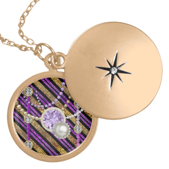 Faux Glitter & Jewels Purple & Gold Tones Gold Gold Plated Necklace (Front)