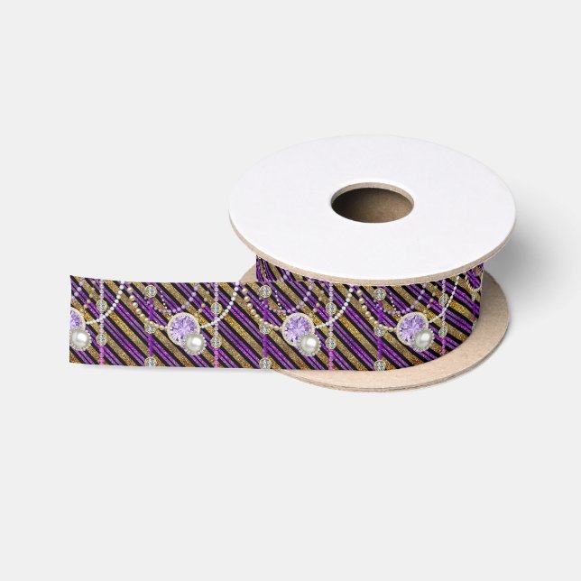 Faux Glitter & Jewels Purple & Gold Tones Satin Ribbon (Spool)