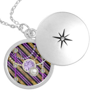 Faux Glitter & Jewels Purple & Gold Tones Silver Locket Necklace