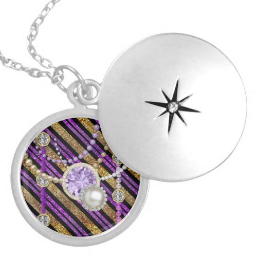 Faux Glitter  Jewels Purple  Gold Tones Silver Locket Necklace