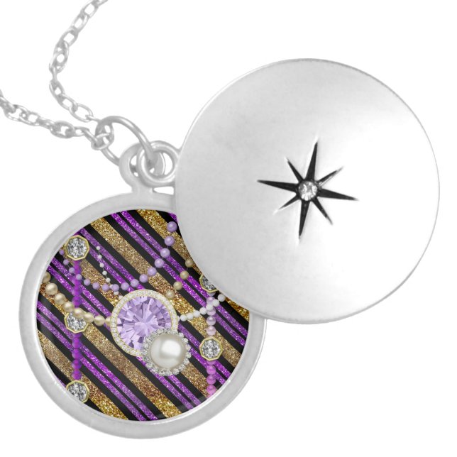 Faux Glitter & Jewels Purple & Gold Tones Silver Locket Necklace (Front)