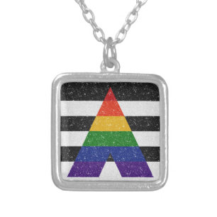 Faux Glitter LGBT Ally Pride Flag Background Silver Plated Necklace