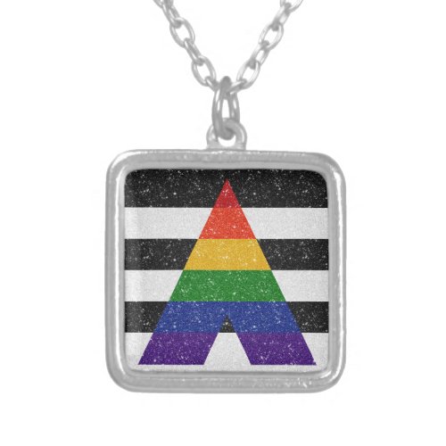 Faux Glitter LGBT Ally Pride Flag Background Silver Plated Necklace