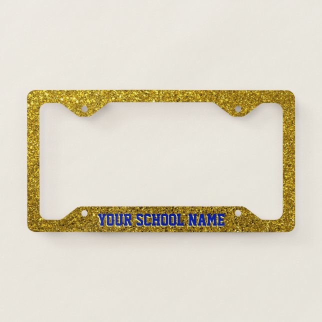 FAUX GLITTER LOOK Gold with Blue Text  License Plate Frame (Front)