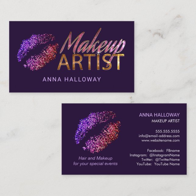 Faux Glitter Look Lips Bling Text Makeup Artist Business Card (Front/Back)
