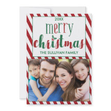 Faux Glitter Merry Christmas Photo Card w/ Stripes