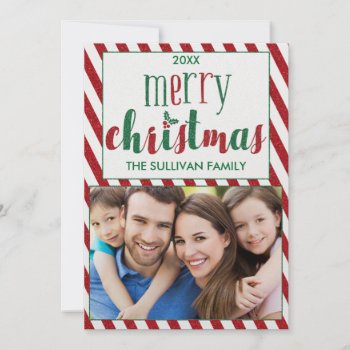 Faux Glitter Merry Christmas Photo Card W/ Stripes by weddingsnwhimsy at Zazzle