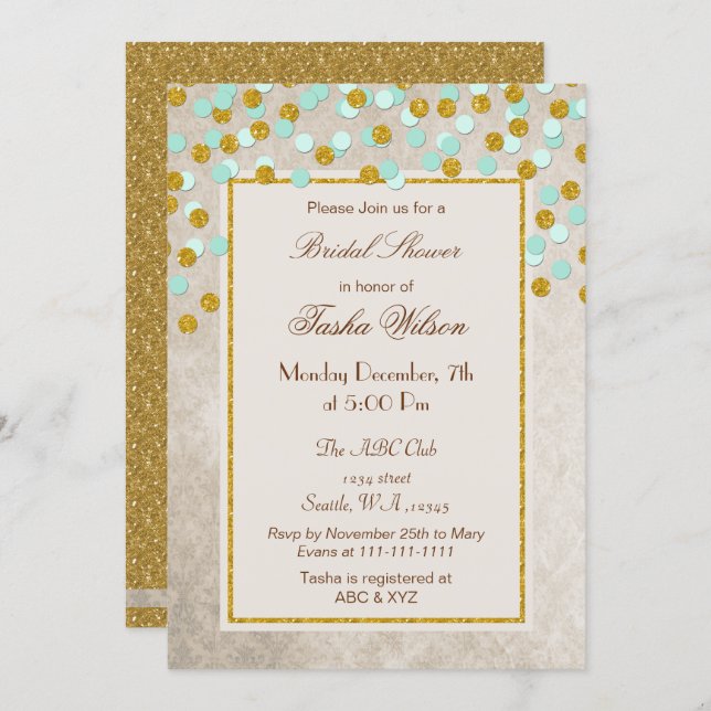 FAUX Glitter Mint Gold confetti Bridal Shower Invitation (Front/Back)