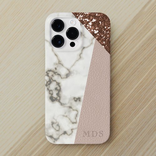 Faux Glitter Modern Marble Rose Gold Pink iPhone 15 Pro Max Case