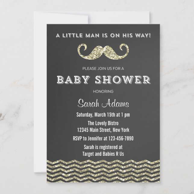 Faux Glitter Mustache Baby Shower Invitation (Front)