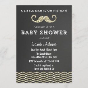Faux Glitter Mustache Baby Shower Invitation