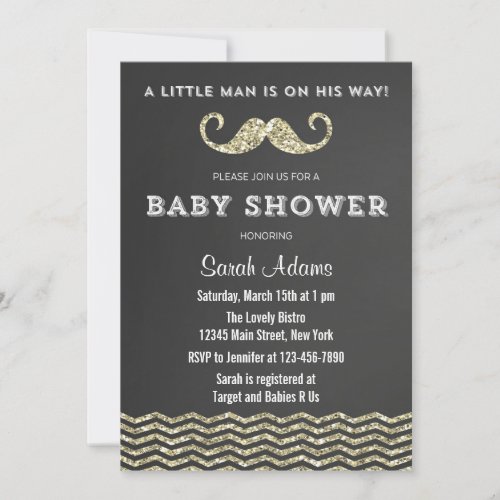 Faux Glitter Mustache Baby Shower Invitation