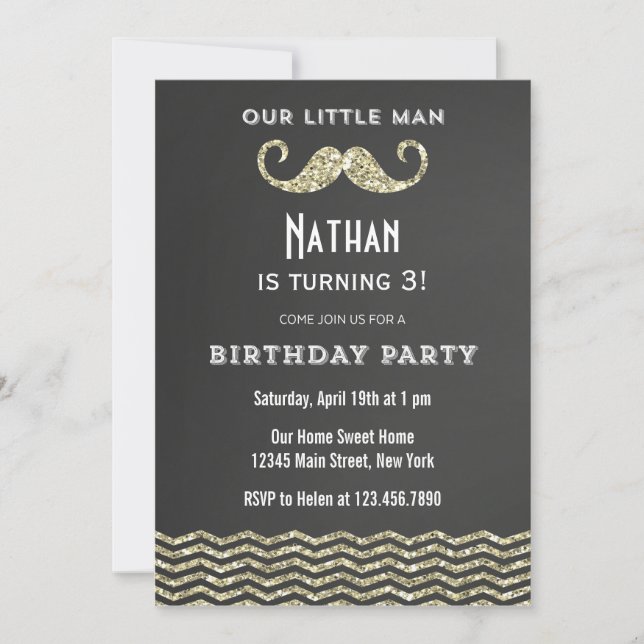 Faux Glitter Mustache Birthday Invitation (Front)