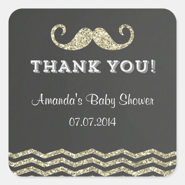 Faux Glitter Mustache Thank You Stickers (Front)