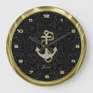 Faux Glitter Nautical Anchor Black Background 2 Large Clock
