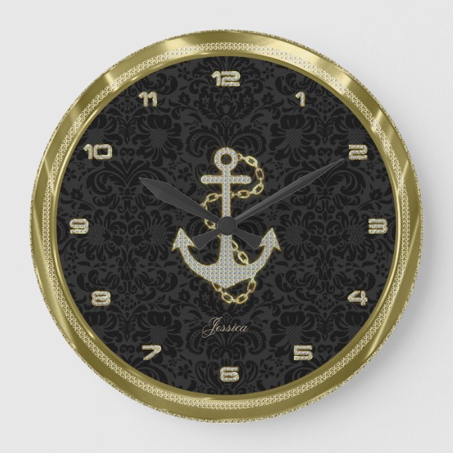 Faux Glitter Nautical Anchor Black Background 2 Large Clock (Front)