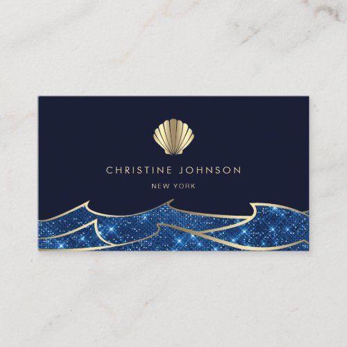 faux glitter ocean waves golden seashell business card