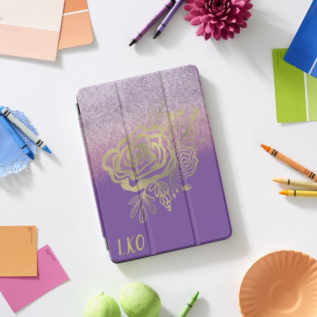 Faux Glitter Ombre Gold Rose Bouquet Botanical Art iPad Pro Cover (Desk)