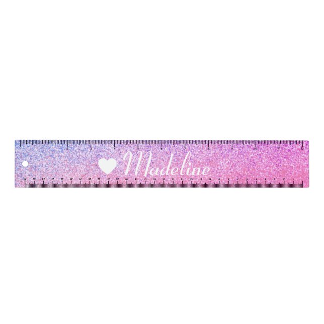 Faux Glitter Ombre Pink Cute Heart Name Ruler (Front)