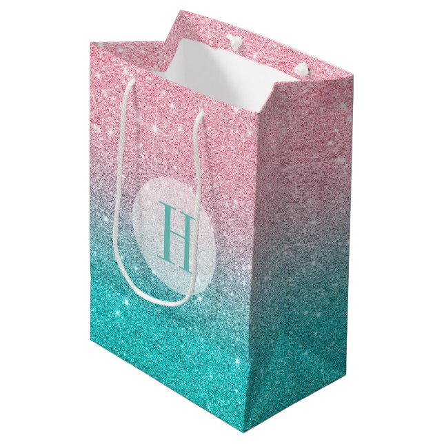 Faux Glitter Ombre Turquoise & Pink Medium Gift Bag (Front Angled)