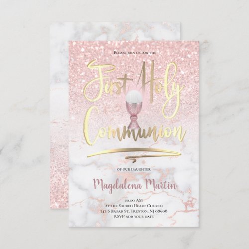 Faux glitter on marble First Holy Communion Invitation