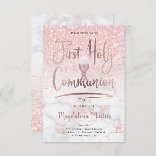 Faux glitter on pink marble First Holy Communion Invitation