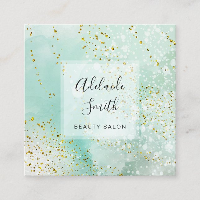 FAUX glitter on turquoise watercolor • Square Business Card (Front)