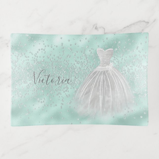 Faux Glitter Pastel Sparkle Evening Gown Trinket Tray (Front)