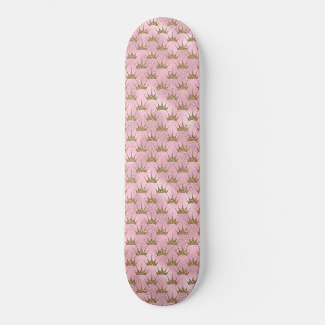 Faux Glitter Pink and Gold Mermaid Crown Skateboard (Front)