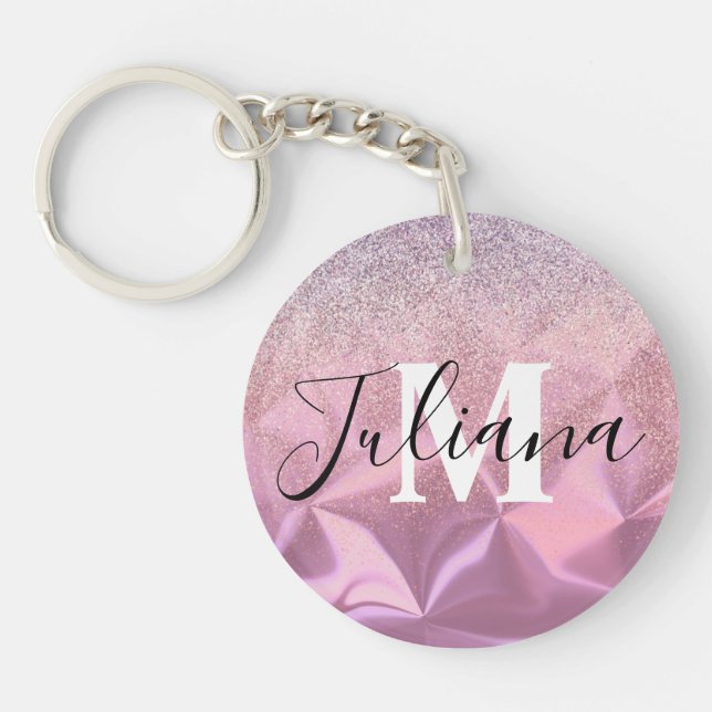 Faux Glitter Pink Brushed Metal Monogrammed  Keychain (Front)