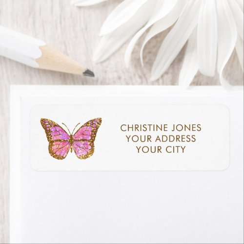 faux glitter pink butterfly label