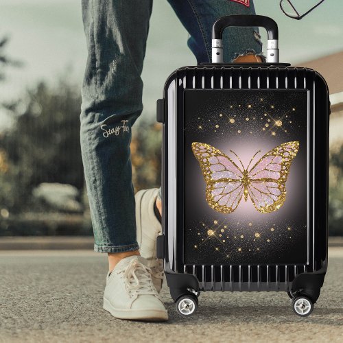 faux glitter pink butterfly luggage