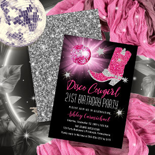 Faux Glitter Pink Disco Cowgirl 21 Birthday Party Invitation