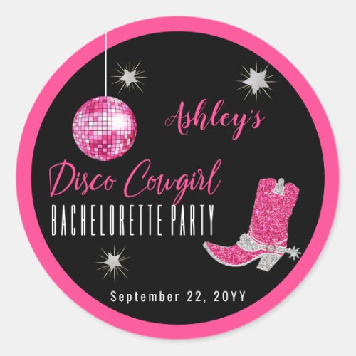 Faux Glitter Pink Disco Cowgirl Bachelorette Classic Round Sticker