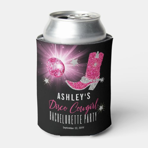 Faux Glitter Pink Disco Cowgirl Bachelorette Party Can Cooler